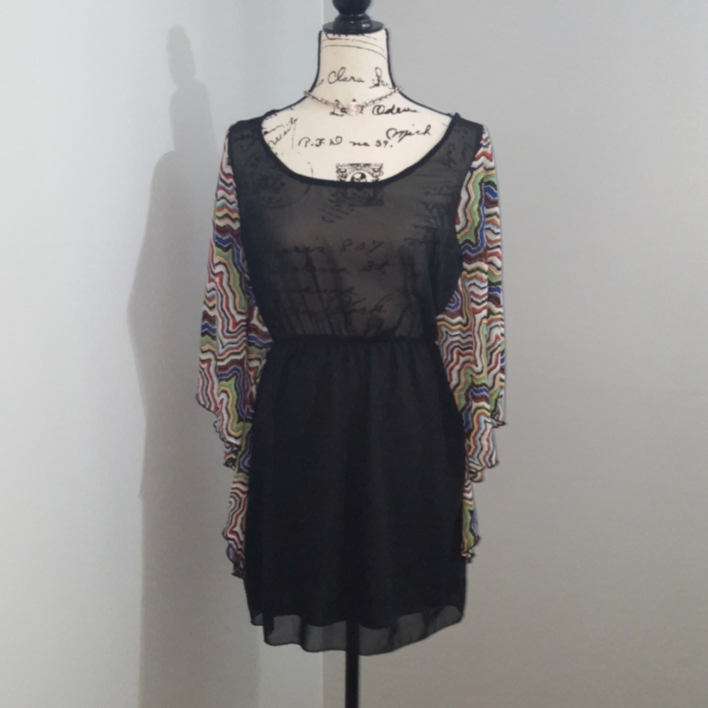 Black Sheer Dress w/Colorful Glounce Sleeves